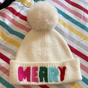 Shiraleah Cream Beanie with Colorful 'Merry' Design